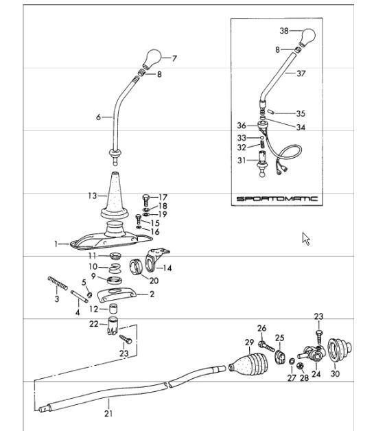 Diagram 701-00 Porsche Boxster 986/987/981 (1997-2016) Système de levier manuel, groupe de pédales 