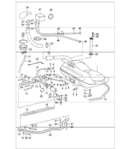 Diagram 201-00 Porsche Boxster 986 2.5L 1997-99 Sistema de combustible, sistema de escape
