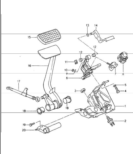 Diagram 702-05 Porsche Boxster 986/987/981 (1997-2016) Sistema a leva manuale, gruppo pedali 