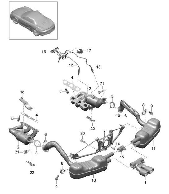 Diagram 202-000 Porsche Boxster 986 2.7L 2003-04 Système de carburant, système d'échappement