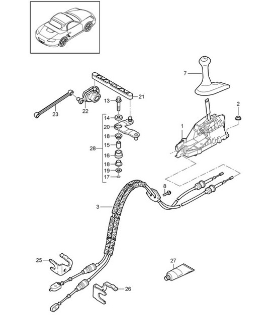 Diagram 701-000 Porsche Boxster 986/987/981 (1997-2016) Handhebelsystem, Pedalgruppe 