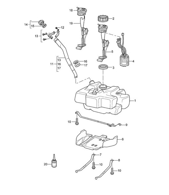 Diagram 201-000 Porsche Cayenne S 4.5L V8 2003>> Sistema de combustible, sistema de escape