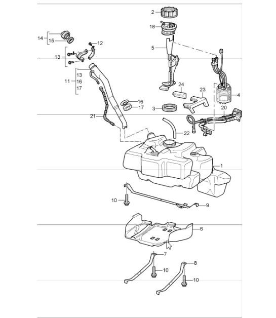 Diagram 201-01 Porsche Cayman 2.9L 987C MKII 2009-12 Kraftstoffsystem, Abgassystem
