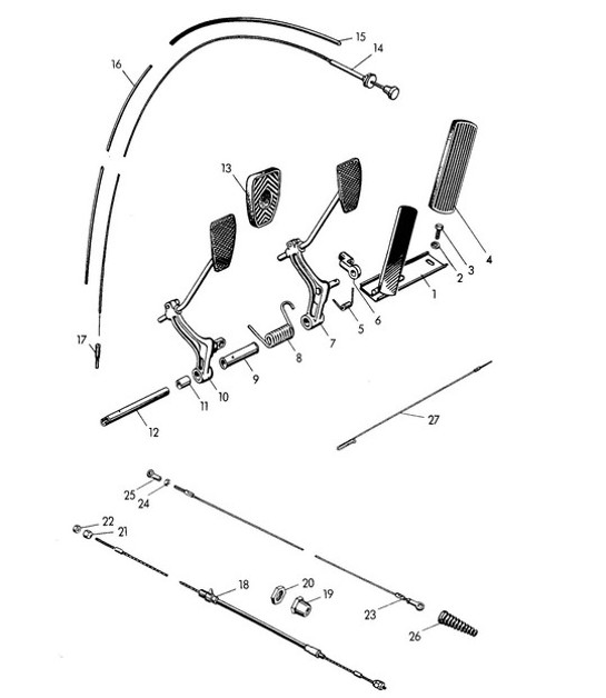 Diagram 702-000 Porsche 997 (911) MK1 2005-2008 Hand Lever System, Pedal Cluster 