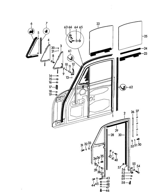 Door glass frame /  Side window / Door window glass (Model: COUPE -REUTTER- CARRERA GT) 356B / 356C 