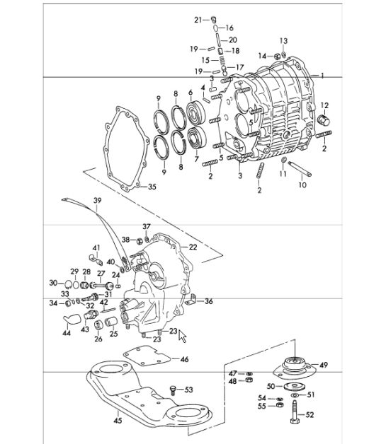 Gear housing complete, transmission case front and transmission suspension for 911 1972 ONWARDS