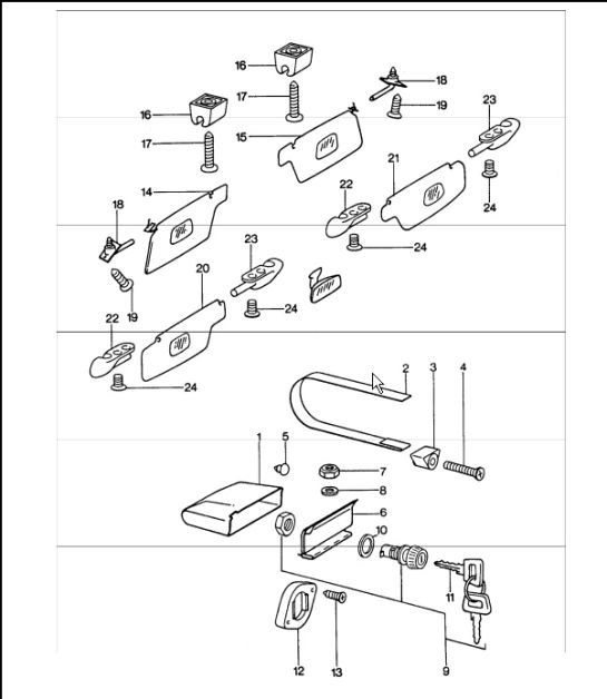 glove compartment, sun visor 911 1974-77