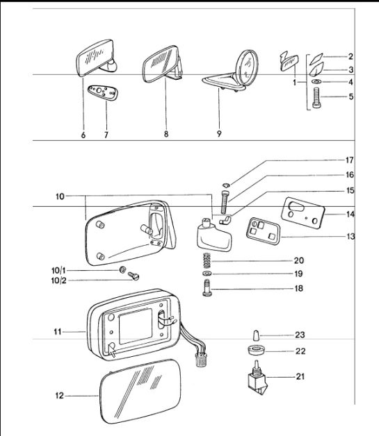 Interior mirror, door mirror 911 1974-77