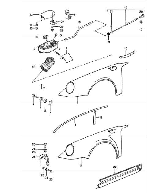 wing with plastic cup for tank 911 1987-89 valid from: F 91KS1 00959>> COUPE, F 91KS1 40342>> TARGA, F 91KS1 50415>> CABRIO, F 93KS0 00185>> COUPE, F 93KS0 10068>> TARGA, F 93KS0 20084>> CABRIO