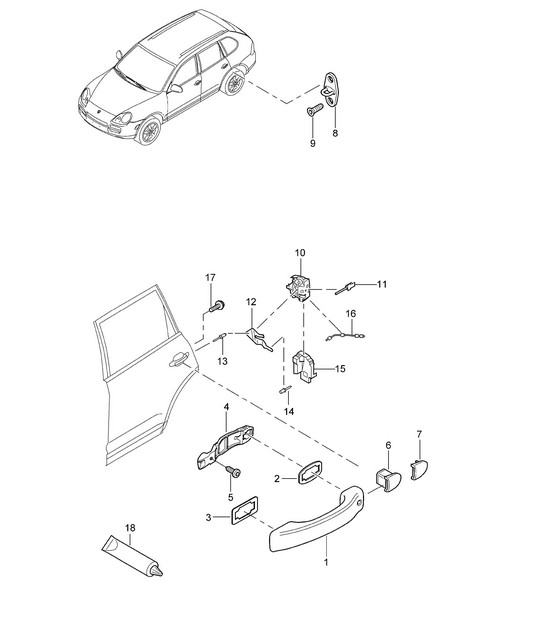 Door handle, exterior / Door lock - Rear - Cayenne 9PA (955) 2003-06