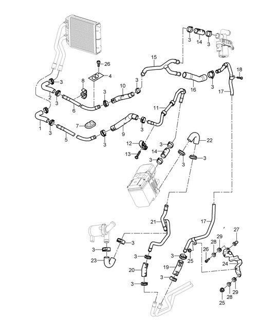Heating with Auxiliary air conditioner and Auxiliary heater / Feed line / Return line / Heat exchanger / REAR (PR:7VE,7VL,9AH) Cayenne 9PA (955) 2003-06