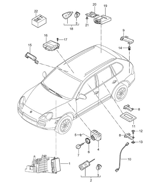 Control units / Ignition starter switch / Garage door opener / Receiving part / Auxiliary heater / Antenna Cayenne 9PA (955) 2003-06