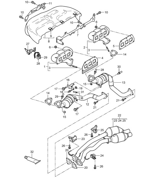 Exhaust system / Exhaust manifolds / Catalytic converter (PR:D5X) Cayenne 9PA1 (957)  3.6L 2007-10