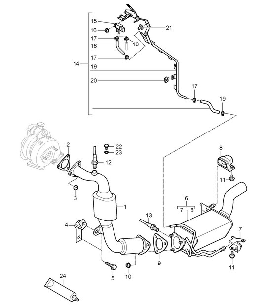 Exhaust system / Exhaust pipe with: Catalytic converter / Diesel particle filter / Control line (PR:D50) Cayenne 9PA1 (957) 3.0L Diesel 2007-10