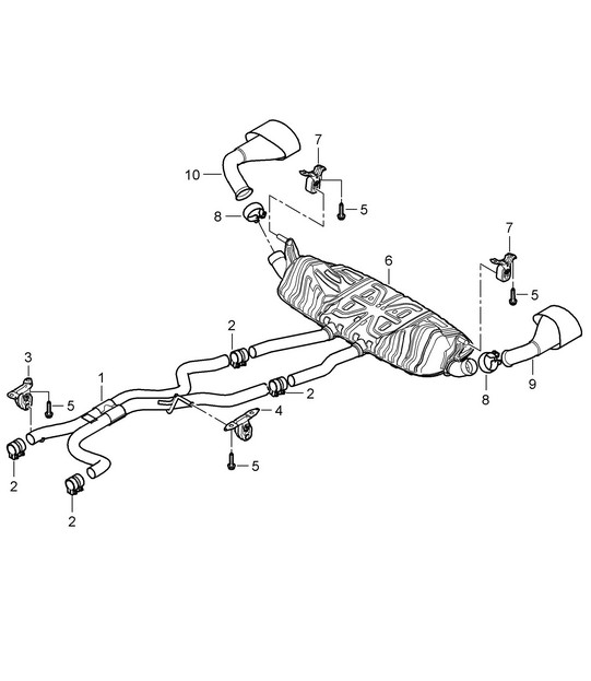 Exhaust system / Front silencer / Rear silencer / Tailpipe (PR:D5V,0P0, 0P3) Cayenne 9PA1 (957) 4.8L 2007-10