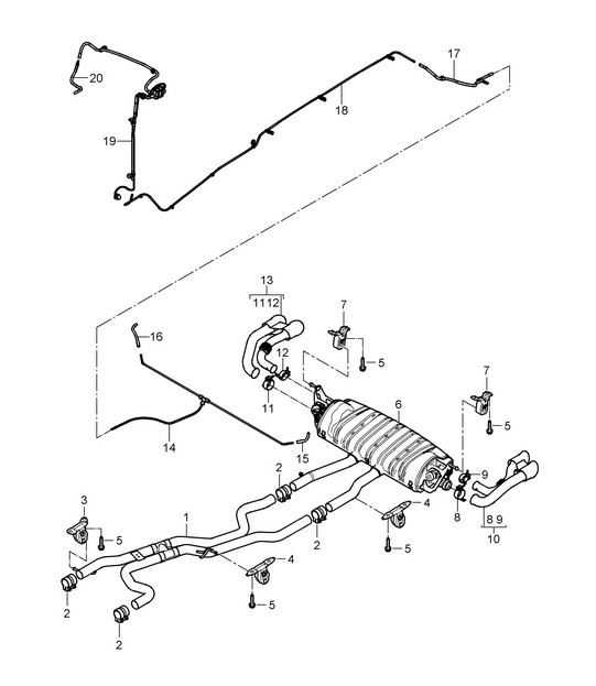 Exhaust system / Sport version / Front silencer / Rear silencer / Tailpipe (PR:D5V,0P8) Cayenne 9PA1 (957) 4.8L 2007-10