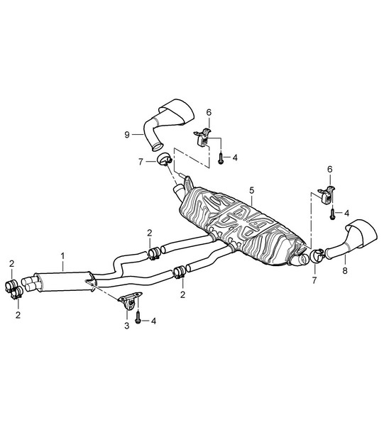 Exhaust system / Front silencer / Rear silencer / Tailpipe  (PR:D5X,0P0, 0P3)  Cayenne 9PA1 (957) 3.6L 2007-10