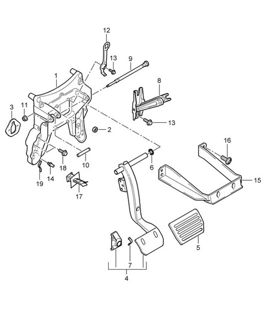 Diagram 702-000 Porsche 997 (911) MK1 2005-2008 Hand Lever System, Pedal Cluster 