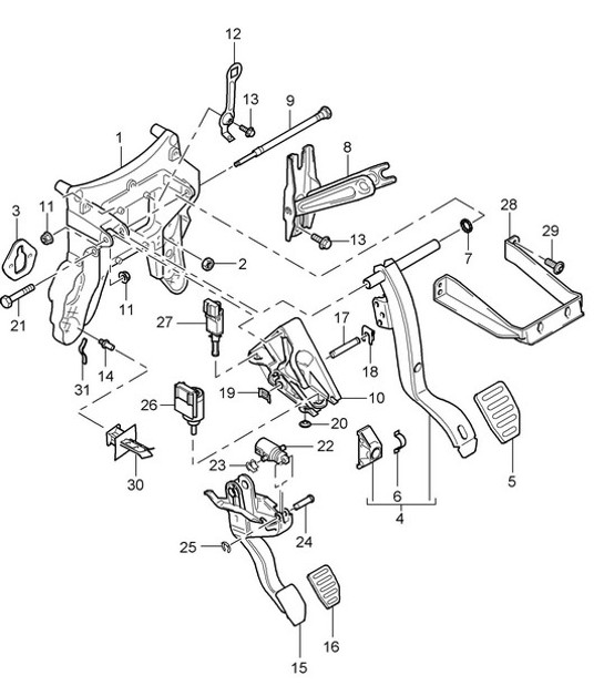 Diagram 702-005 Porsche 991.2 Cabriolet 4 3.0L (370 Bhp) 2016-19 Hand Lever System, Pedal Cluster 