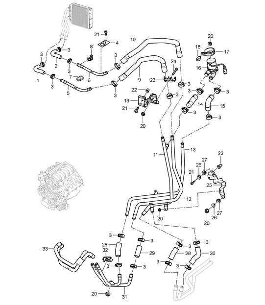 Heater with: Auxiliary air conditioner / Feed line / Return line (PR:D5V,D5Z, 9AH) Cayenne 9PA1 (957) 4.8L 2007-10