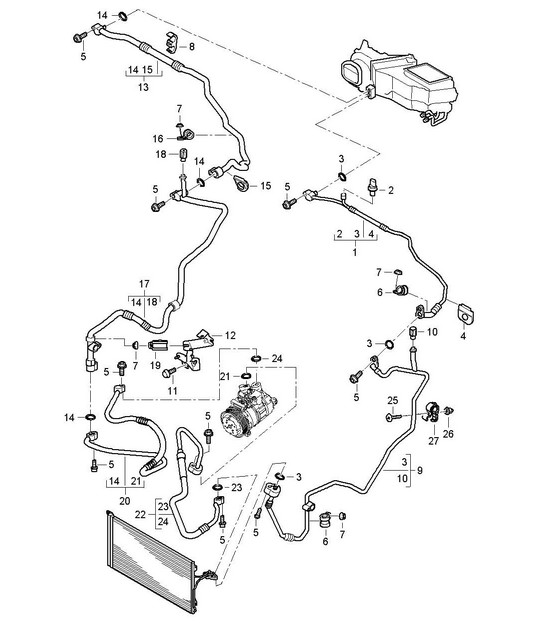 Refrigerant circuit (PR:D5V,D5Z, D50,9AB,9AD, 9AH) - FRONT - Cayenne 9PA1 (957) 3.0L Diesel / 4.8L 2007-10