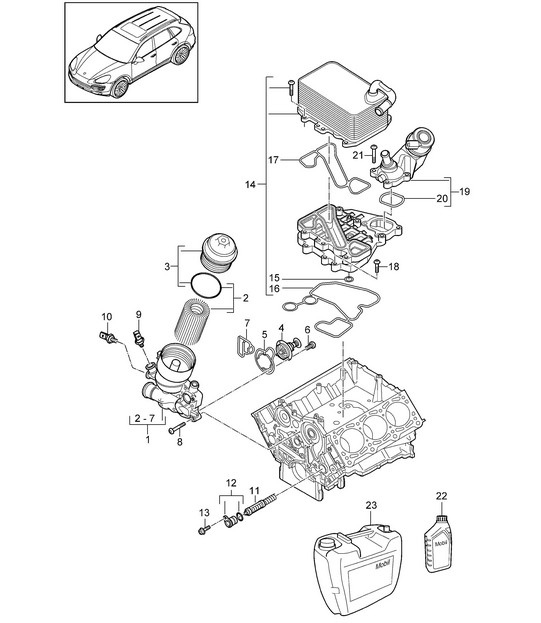 Oil filter / Flange / Oil cooler (Model: CRCA,CRCB, CNRB,CVVA, CVVB,CVVC) Cayenne 92A (958) 2011-183.6L Diesel 05/2011-18