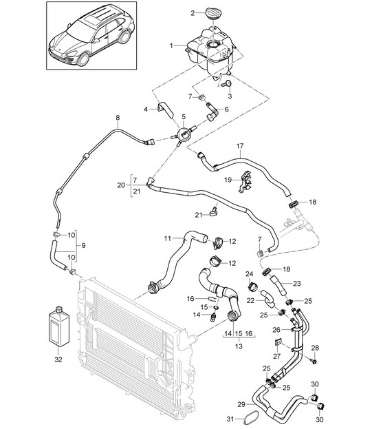 Coolant cooling system / Coolant expansion tank (PR:D6V,D58, DT1,DT5,DU2, DU3) Cayenne 92A (958) 3.6L / 4.8L 2011-18