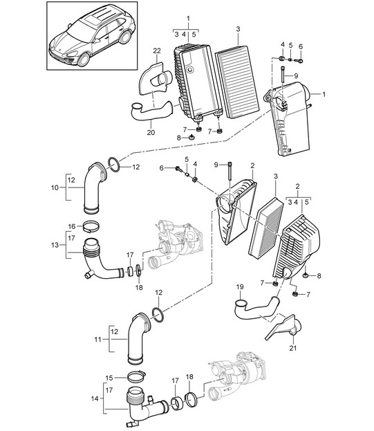 Air filter with connecting parts (PR:D58,DT1, DT5) Cayenne 92A (958) 4.8L Turbo 2011-18