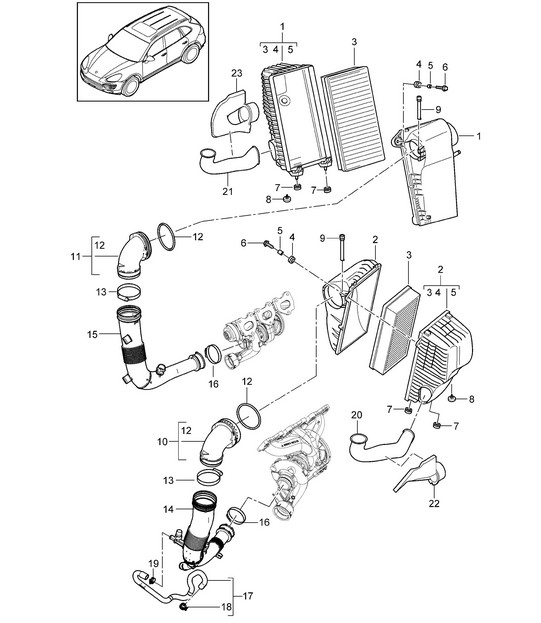 Air filter with connecting parts (PR:DU2,DU3) Cayenne 92A (958) 3.6L 2011-18