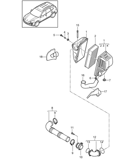 Air filter with connecting parts (PR:D34) Cayenne  92A (958) 3.6L 2011-18