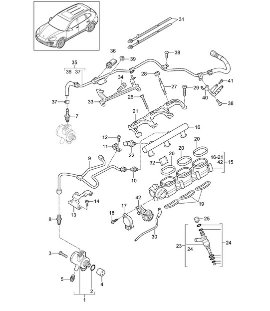 Fuel collection pipe / high-pressure injector / high pressure pump (Model: 06EC,CGEA, CGE,CGFA,CJT)  Cayenne 92A (958) 3.0L HYBRID 2011-18