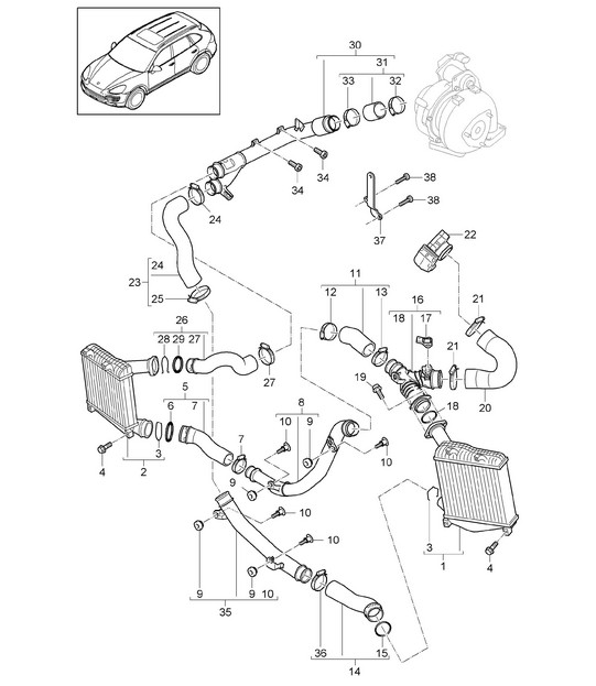 Charge air cooler /  Pressure pipe (Model: CVVA,CVVB, CVVC) Cayenne 92A (958) 3.0L DIESEL 05/2014-18