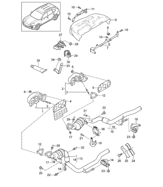 Exhaust system / Exhaust manifolds / Catalytic converter (PR-0GG,7GB, 7GH,7MG,7MJ+ G1G+D34) Cayenne 92A (958) 3.6L 2011-18