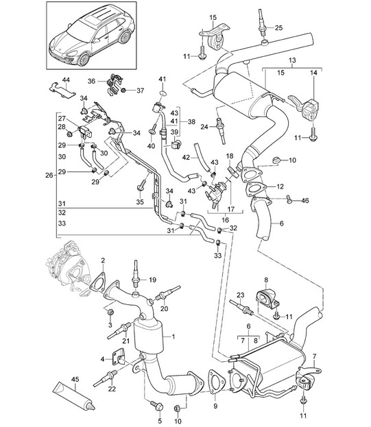 Exhaust system / Catalytic converter / Diesel particulate filter / Control line (CNRB,CVVA, CVVB,CVVC) Cayenne 92A (958) 3.0L DIESEL 05/2012-18