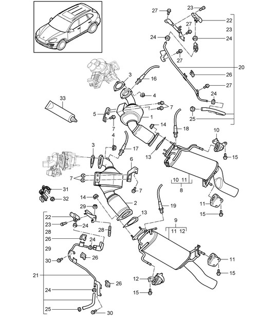 Exhaust system / Exhaust pipe / with: Catalytic converter / Diesel particle filter / Control line (PR:DD8,0GG, 7MJ) Cayenne 92A (958) 4.2L DIESEL 2011-18