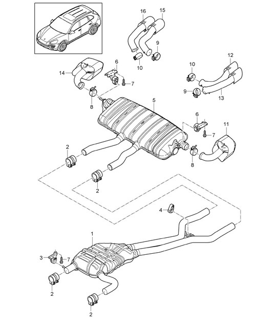 Exhaust system / Front silencer / Rear silencer / Tailpipe (PR:D19,D11, 0P0,0P3,0P6) Cayenne 92A (958) 3.0L / 3.0L HYBRID 2011-18