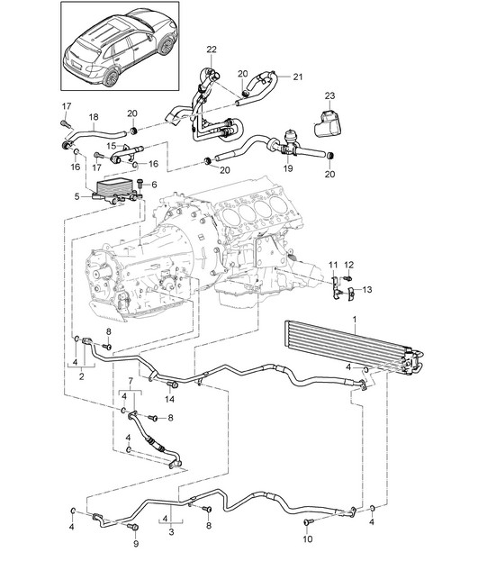 Tiptronic / Gear oil cooler / Coolant cooling system / Oil pipe (PR:D6V,D58, DT1,DT5,G1G) Cayenne 92A (958) 4.8L 2011-18