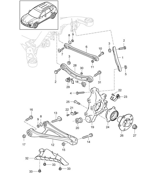 Rear axle / Wheel carrier / Wishbone / Track rod / Wheel hub / Stone chip guard Cayenne 92A (958) >>2014