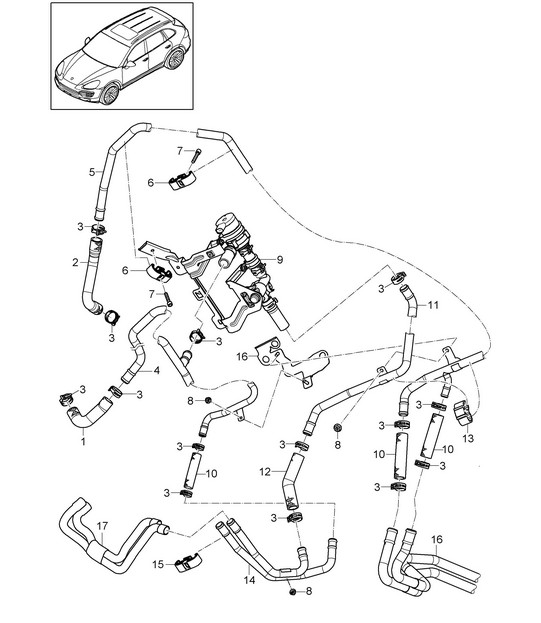 Heater / Wheel housing / Feed line / Return line (PR:-D19) Cayenne 92A (958) 2011-18