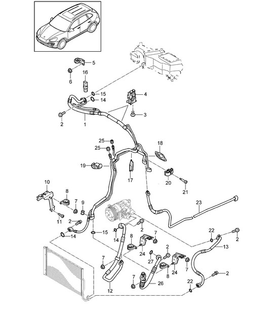 Refrigerant circuit with: Auxiliary air conditioner (PR:9AD) - FRONT - Cayenne 92A (958) >>2016
