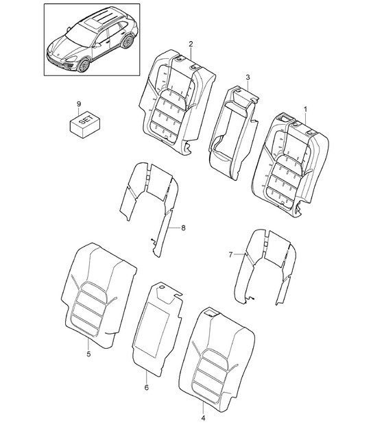 Back seat backrest / Sports seat /  Foam part  / Seat covers / Heater element-seat (PR:Q1J,Q4P) - REAR - Cayenne 92A (958) 2011-18