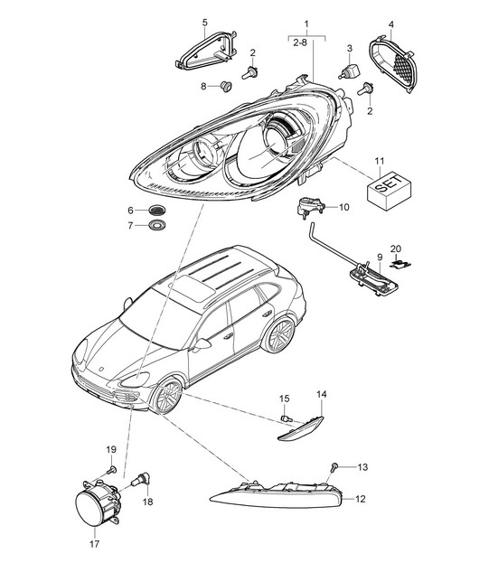 Headlights / Turn signal repeater / Fog lights (PR:8BB,8BF, 8BR)  Cayenne >>2014