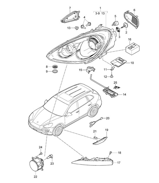 Headlights / Turn signal repeater / Fog lights (PR:-8BB, -8BF,-8BR, -8BC,-8BZ, -8JD) Cayenne 92A (958) >>2014