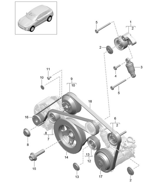 Belt tensioner damper / Poly-V-belt (Model: CTMA,CTM, CTLA,CTL, DCNA,DCN, DHKA,DHK) 95B.1 Macan 3.0L / 3.6L  2014-18