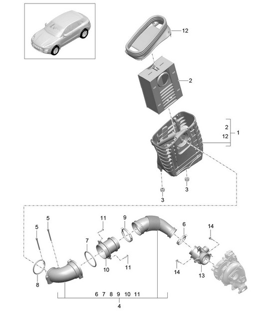 Air filter with connecting parts (Model: CDUD,CTBA, CTBB,CTBC) 95B.1 Macan 3.0L Diesel 2014-18