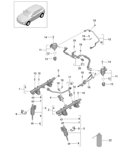 Fuel collection pipe / High-pressure injector / High pressure pump (Model: CTMA,CTM, CTLA,CTL, DCNA,DCN, DHKA,DHK) 95B.1 Macan 3.0L / 3.6L  2014-18
