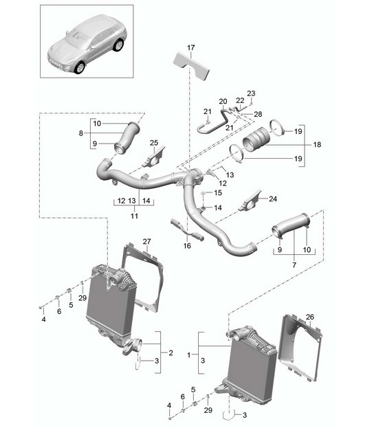 Charge air cooler / Pressure pipe (Model: CTMA,CTM, CTLA,CTL, DCNA,DCN, DHKA,DHK) 95B.1 Macan 3.0L / 3.6L  2014-18