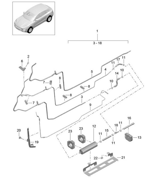 Diagram 201-025 Porsche Macan (95B) MK1 (2014-2018) Fuel System, Exhaust System