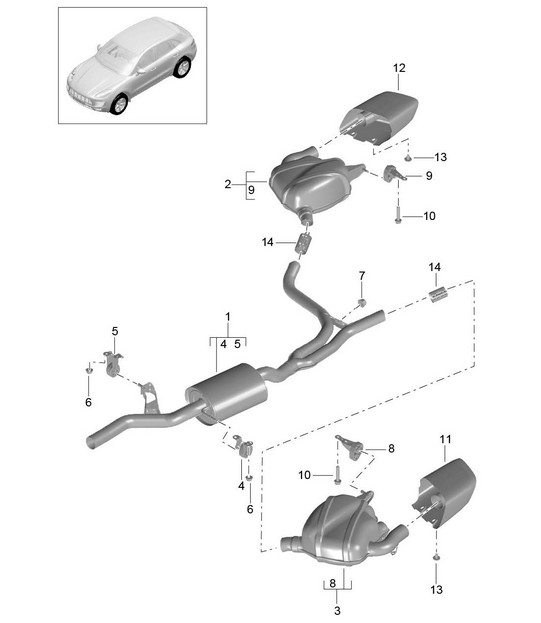 Exhaust system / Front silencer / Rear silencer (Model: CNCC,CNC, CYNA,CYPA, CYP,CYNB+ PR:0P0,0P3, 0P6) 95B.1 Macan 2.0L 2014-18