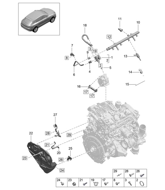Fuel collection pipe / High-pressure injector / High-pressure pump - PR:T2G -  95B (II / III) Macan 2.0L 2019 - 2024